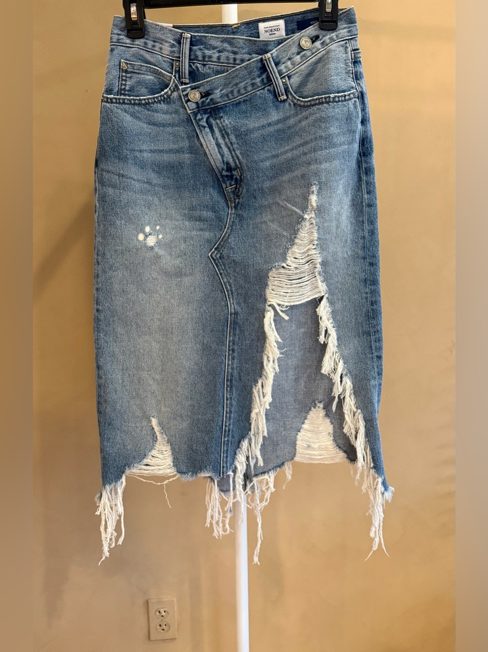 Noend Denim distressed midi skirt distinctive crossover waistband cotton